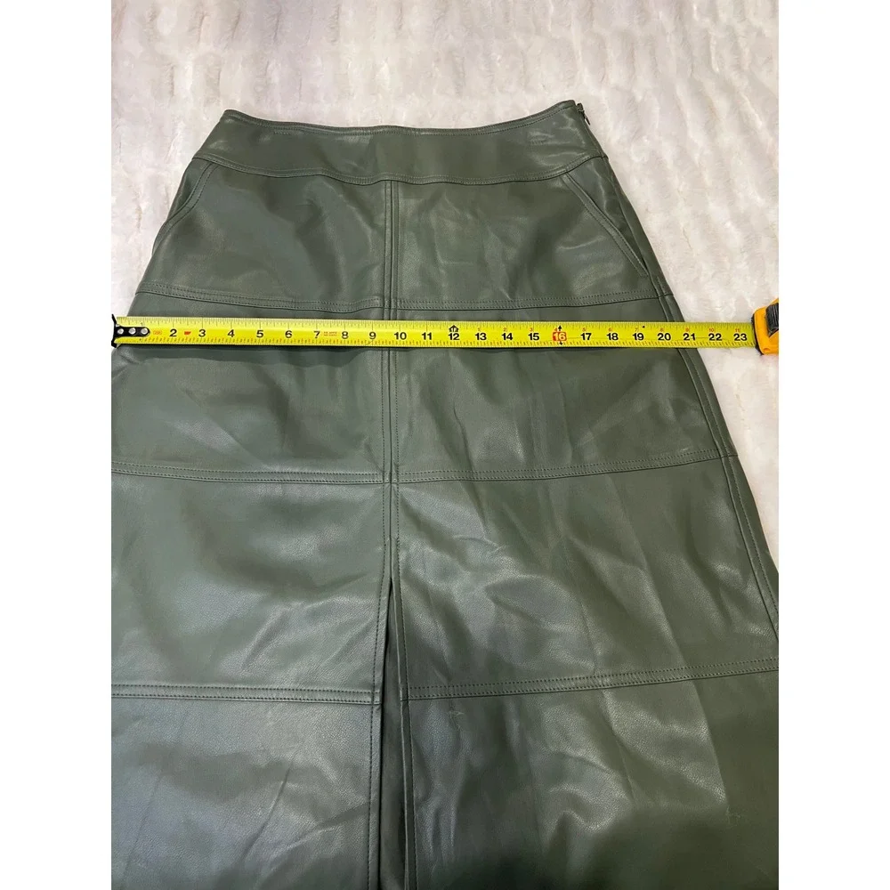 Cabi Dark Sage Green Faux Leather Paneled Midi Skirt Size 6 Front Slit Pockets